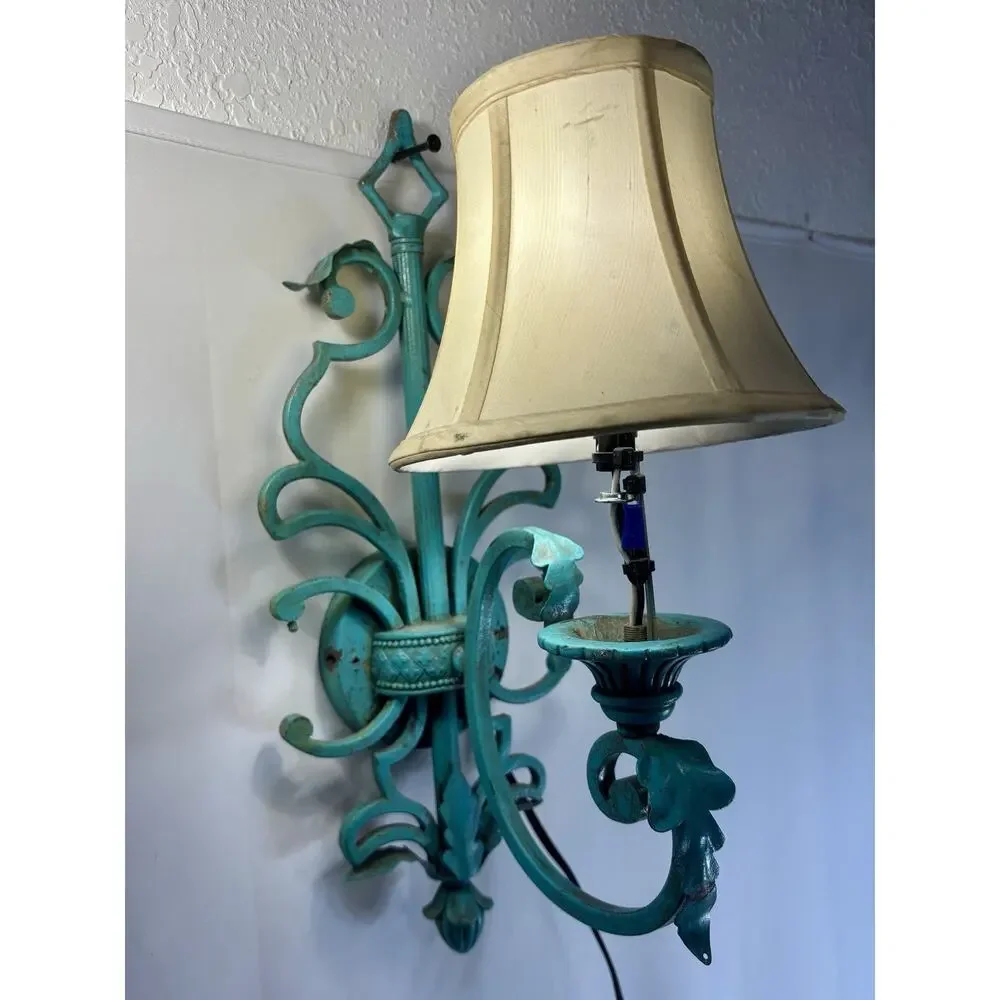 Antique Wall Sconce Custom Painted Turquoise Rewired 19 Tall Teal Blue